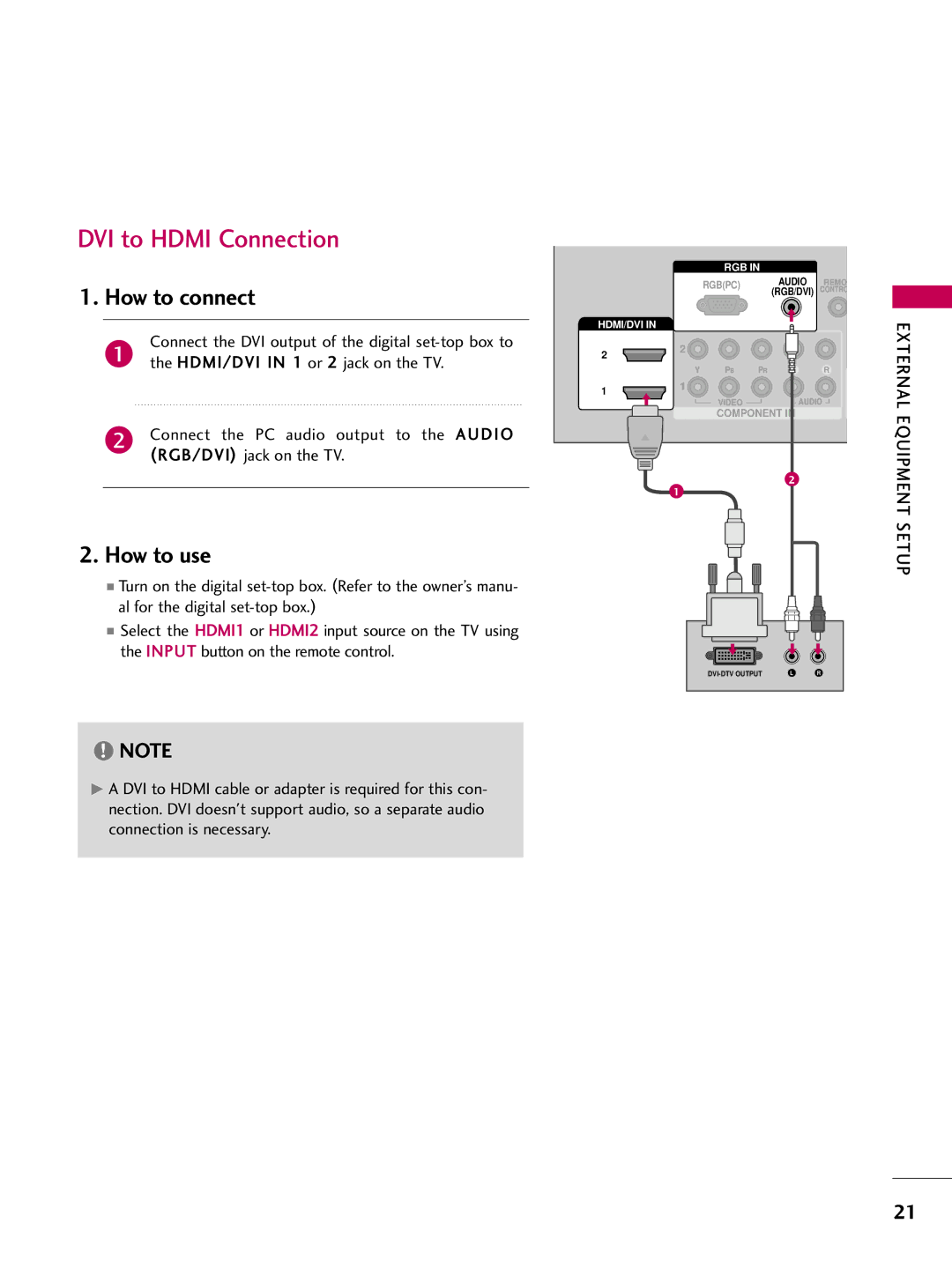 LG Electronics 4750DC, 5250DC owner manual DVI to Hdmi Connection, RGB/DVI jack on the TV 