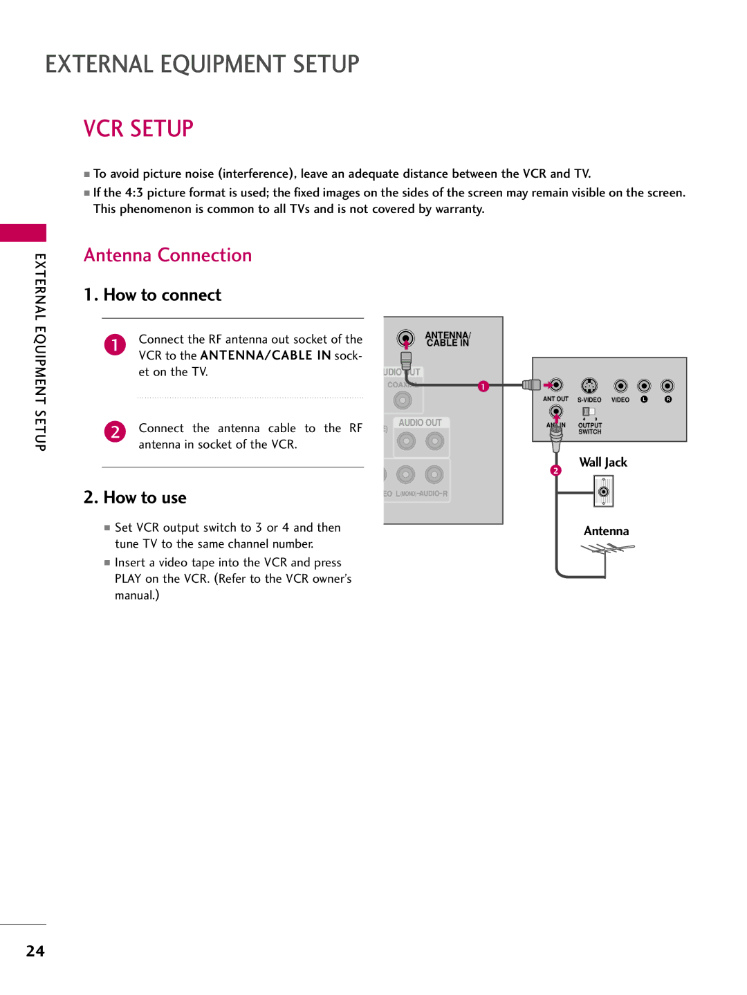 LG Electronics 5250DC, 4750DC owner manual VCR Setup, Antenna Connection 