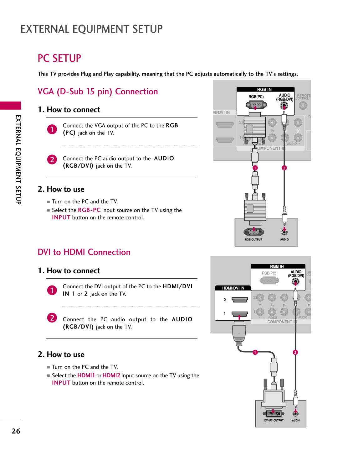 LG Electronics 5250DC, 4750DC owner manual PC Setup, VGA D-Sub 15 pin Connection 