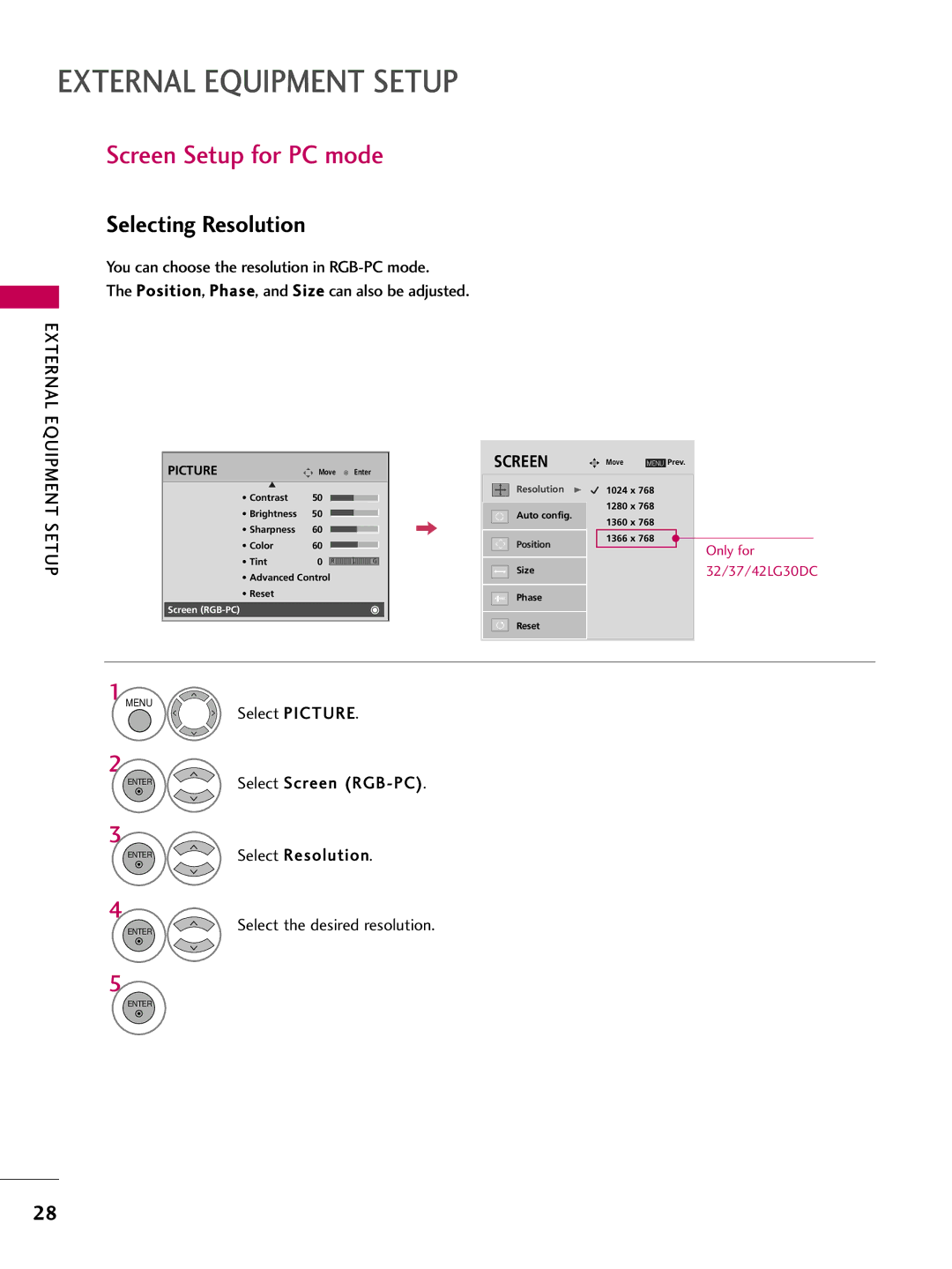 LG Electronics 5250DC, 4750DC owner manual Screen Setup for PC mode, Selecting Resolution, Select Picture 