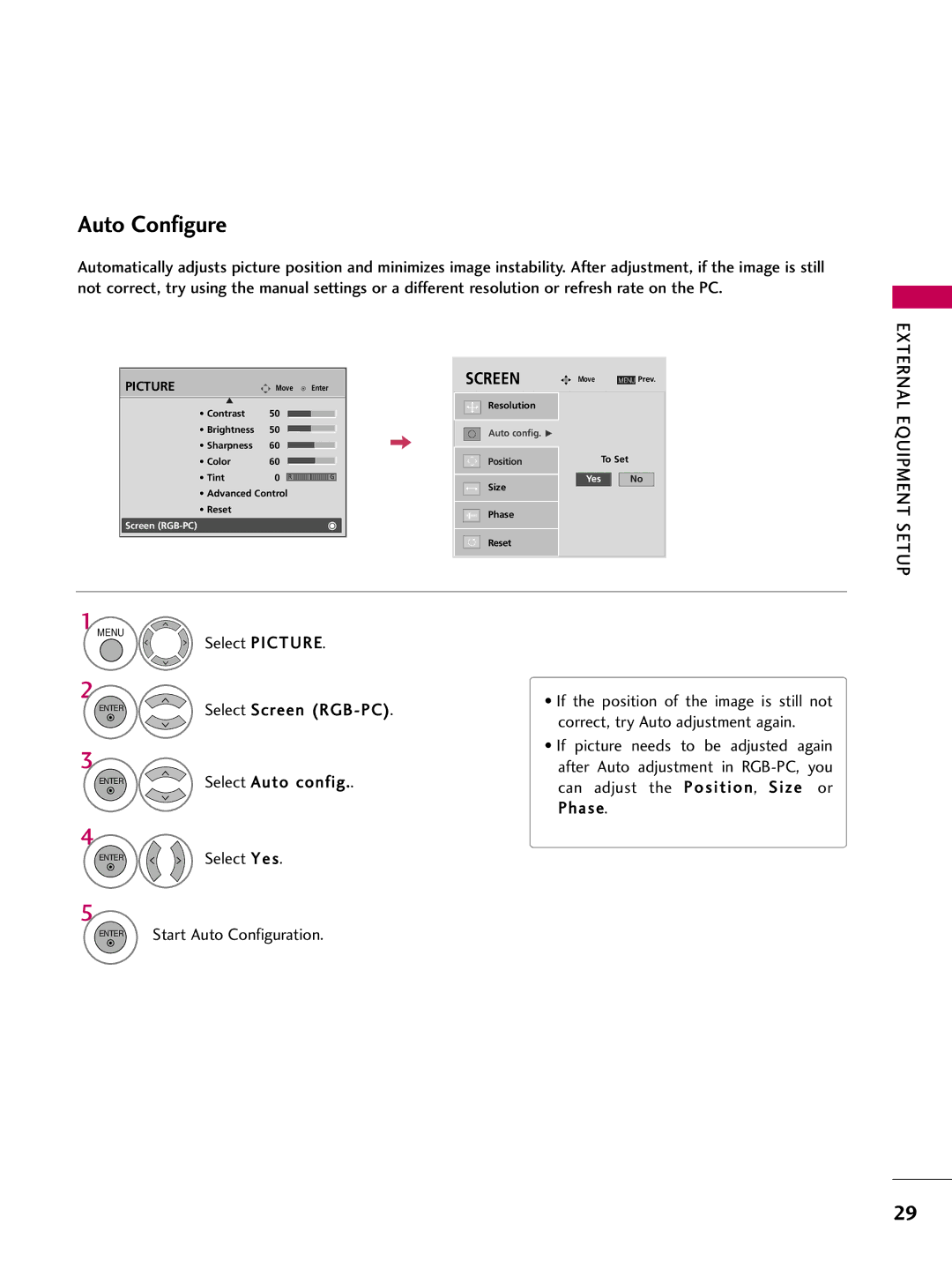 LG Electronics 4750DC, 5250DC Auto Configure, Select Auto config, Can adjust the Position, S i z e or Phase, Select Yes 