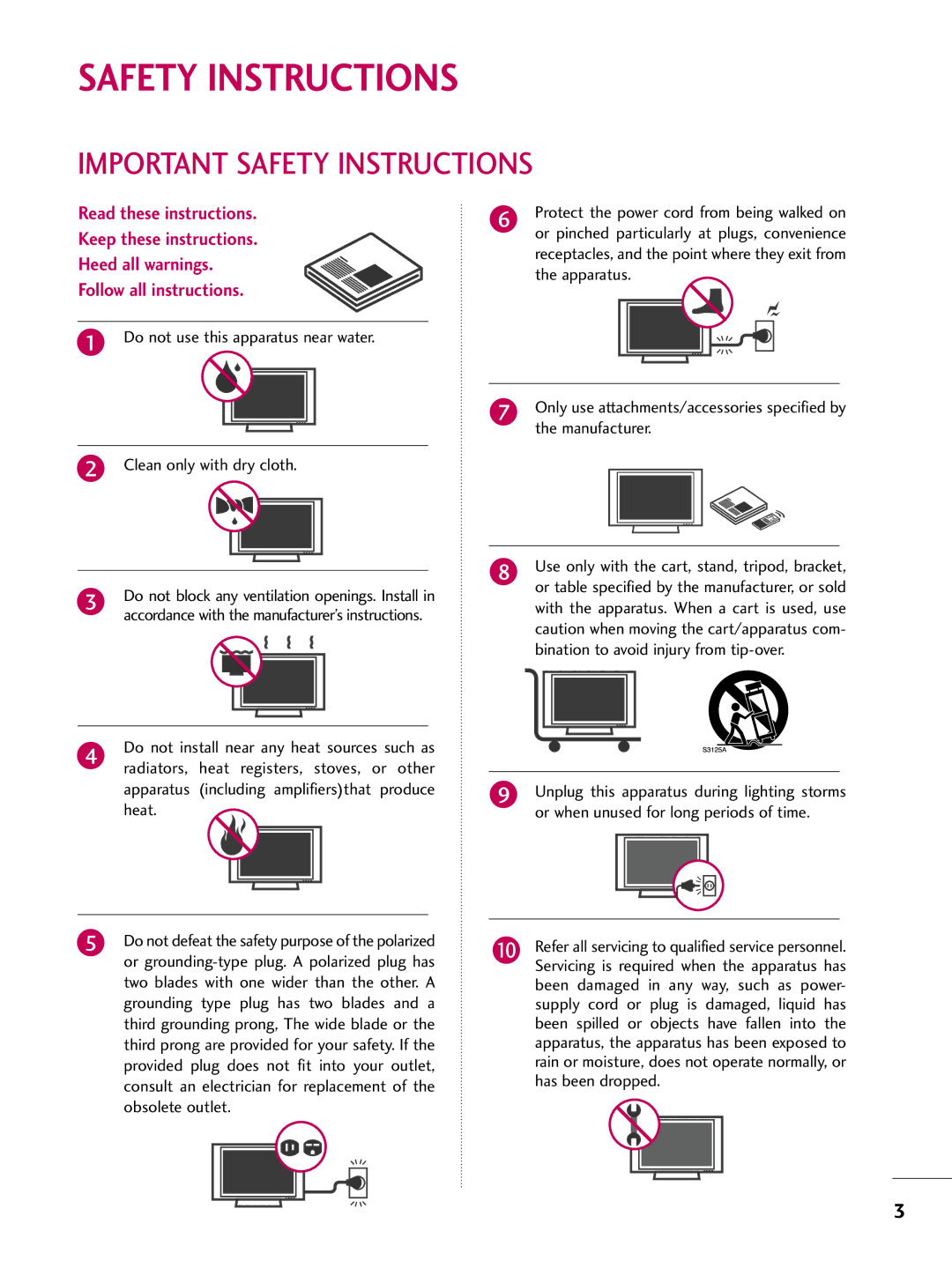 LG Electronics 4750DC, 5250DC owner manual Important Safety Instructions 