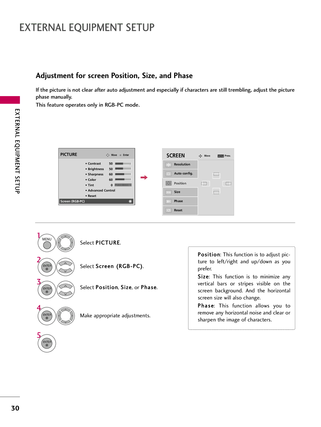 LG Electronics 5250DC, 4750DC owner manual Adjustment for screen Position, Size, and Phase 