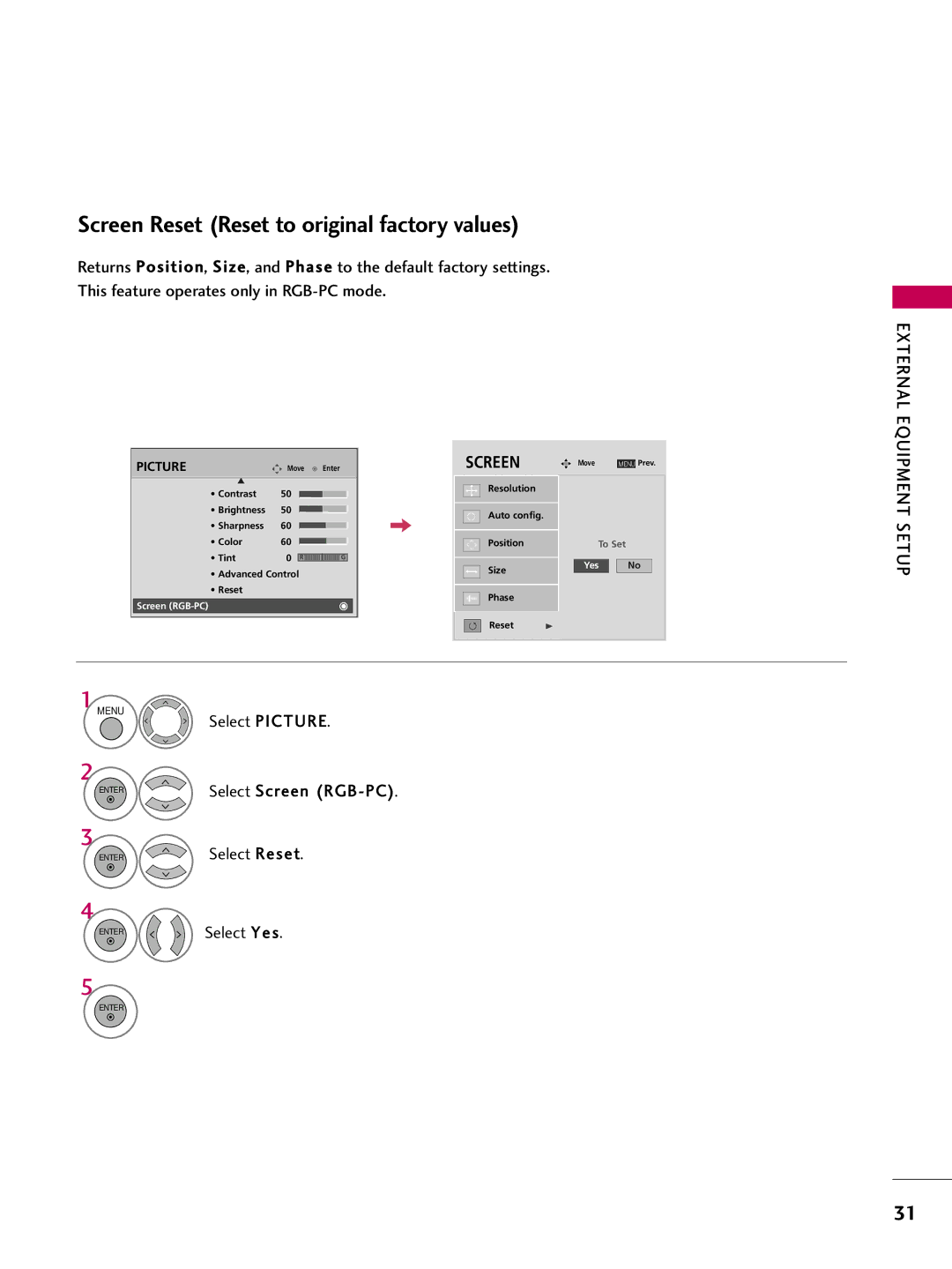 LG Electronics 4750DC, 5250DC owner manual Screen Reset Reset to original factory values, Select Reset 