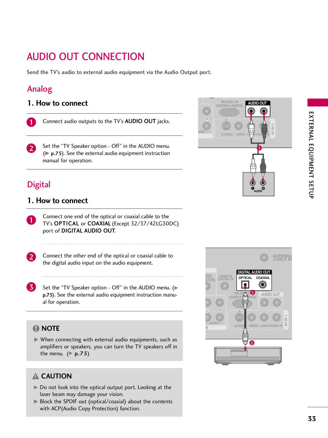 LG Electronics 4750DC, 5250DC owner manual Audio OUT Connection, Analog, Digital 