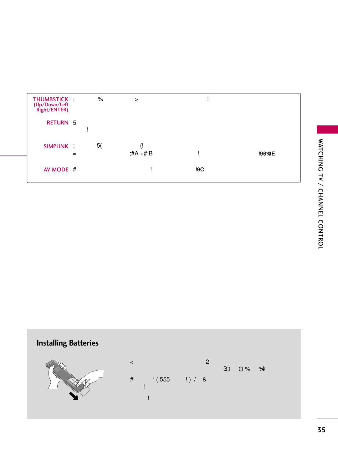 LG Electronics 4750DC, 5250DC owner manual Installing Batteries, Watching TV / Channel Control 