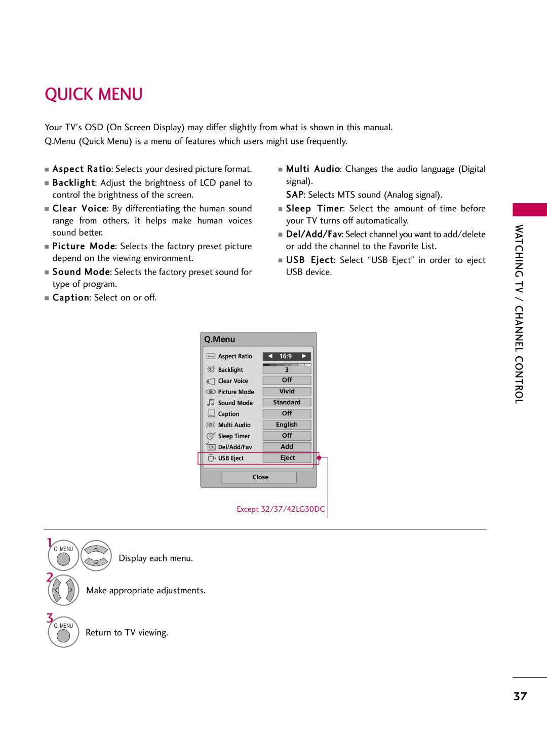 LG Electronics 4750DC Quick Menu, USB Eject Select USB Eject in order to eject USB device, Return to TV viewing, Control 