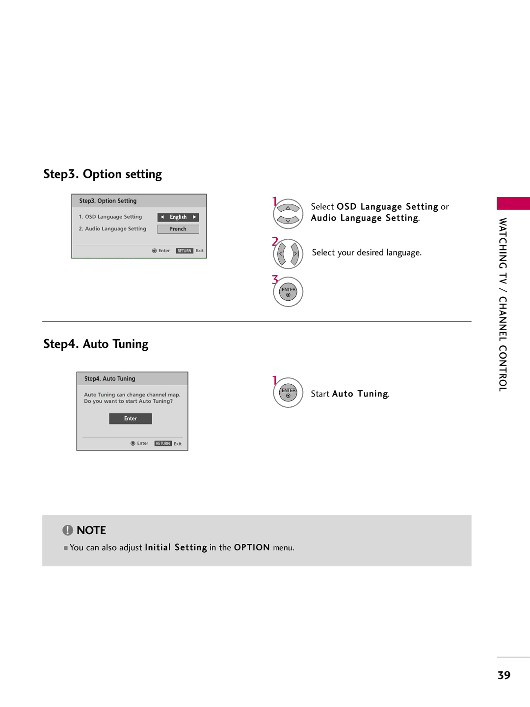 LG Electronics 4750DC Option setting, Start Auto Tuning, You can also adjust Initial Setting in the Option menu 