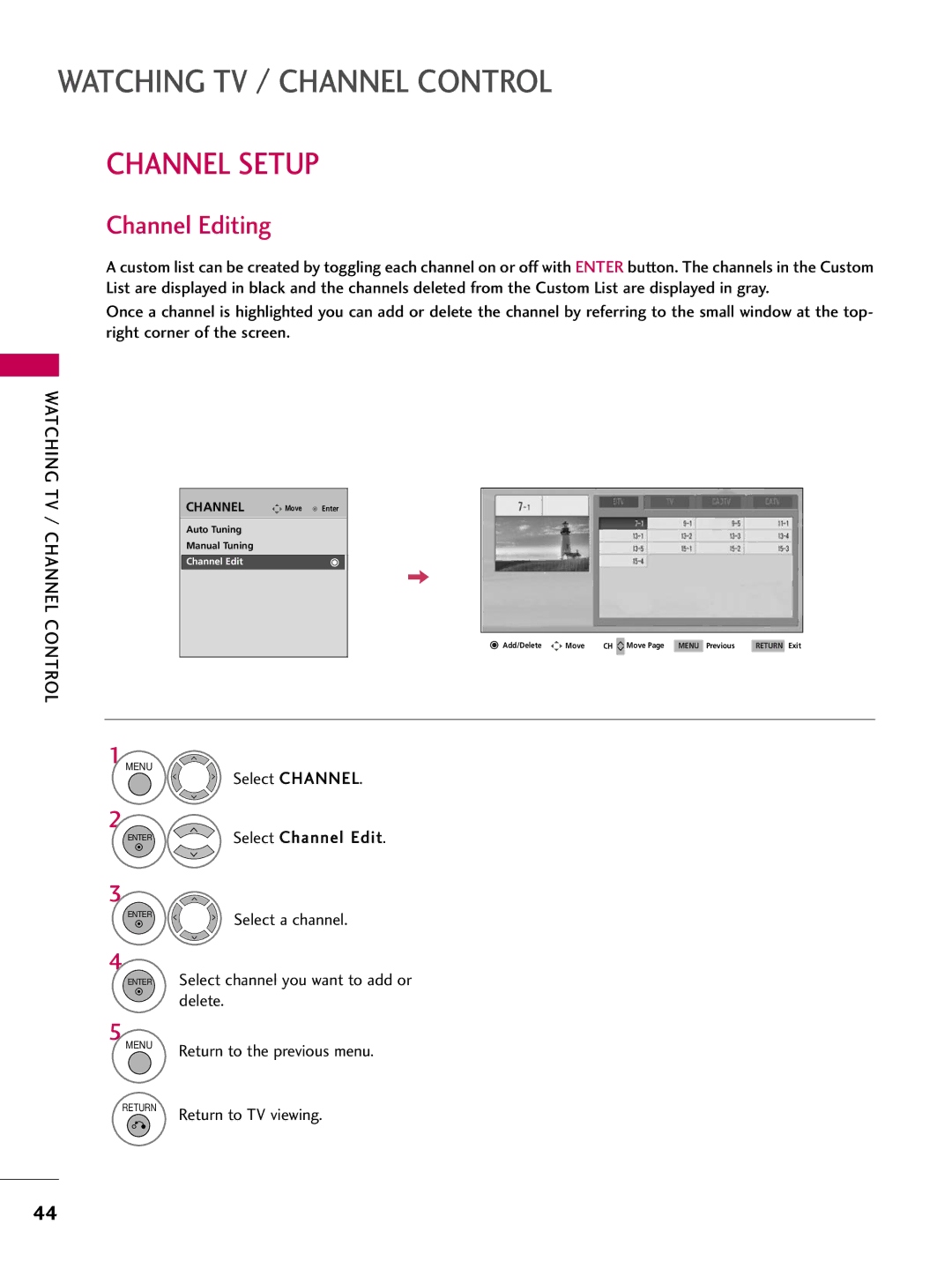 LG Electronics 5250DC, 4750DC owner manual Channel Editing, Watching TV / Channel Control 