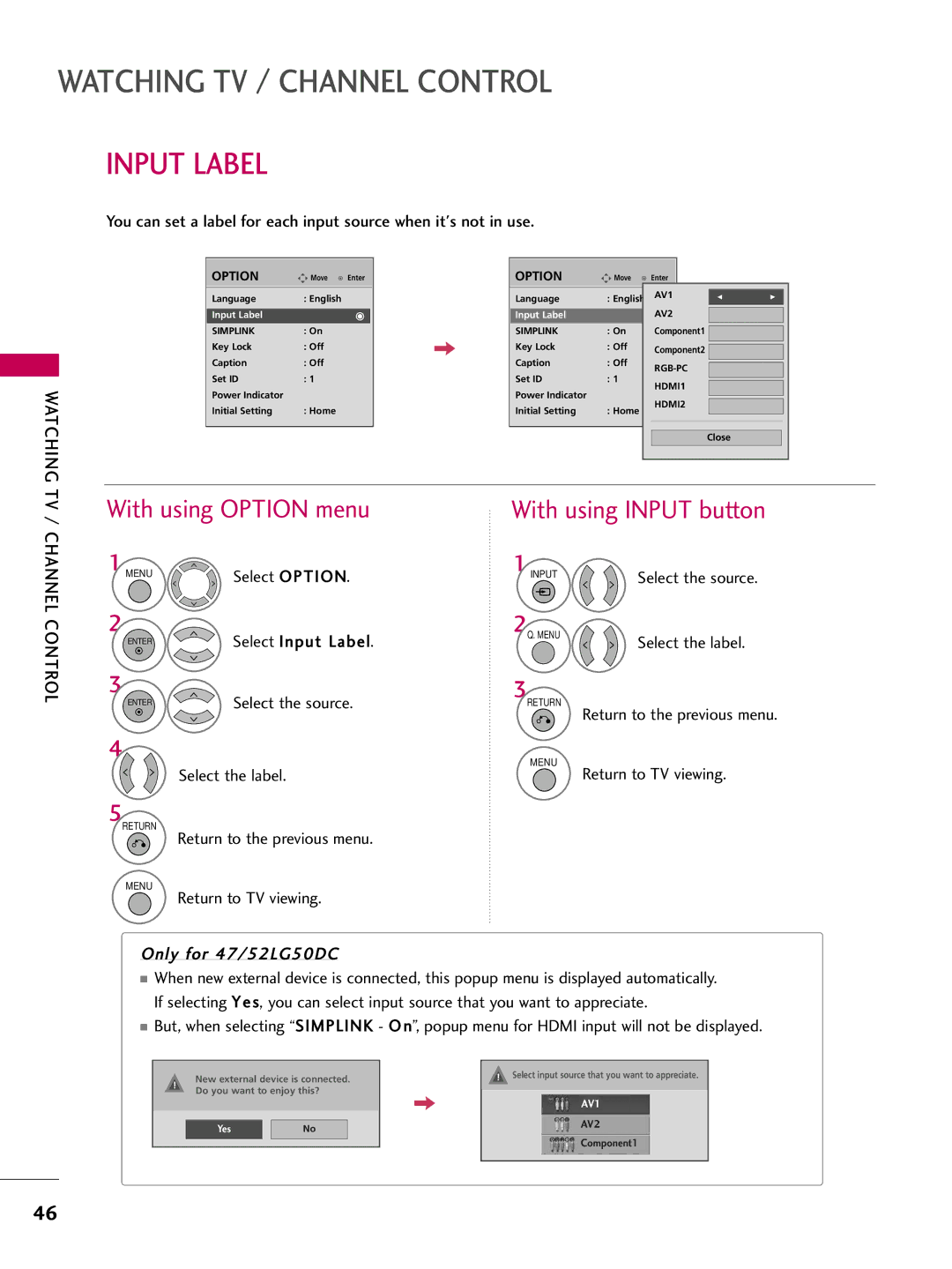 LG Electronics 5250DC, 4750DC owner manual Input Label, With using Option menu, With using Input button, TV / Channel 