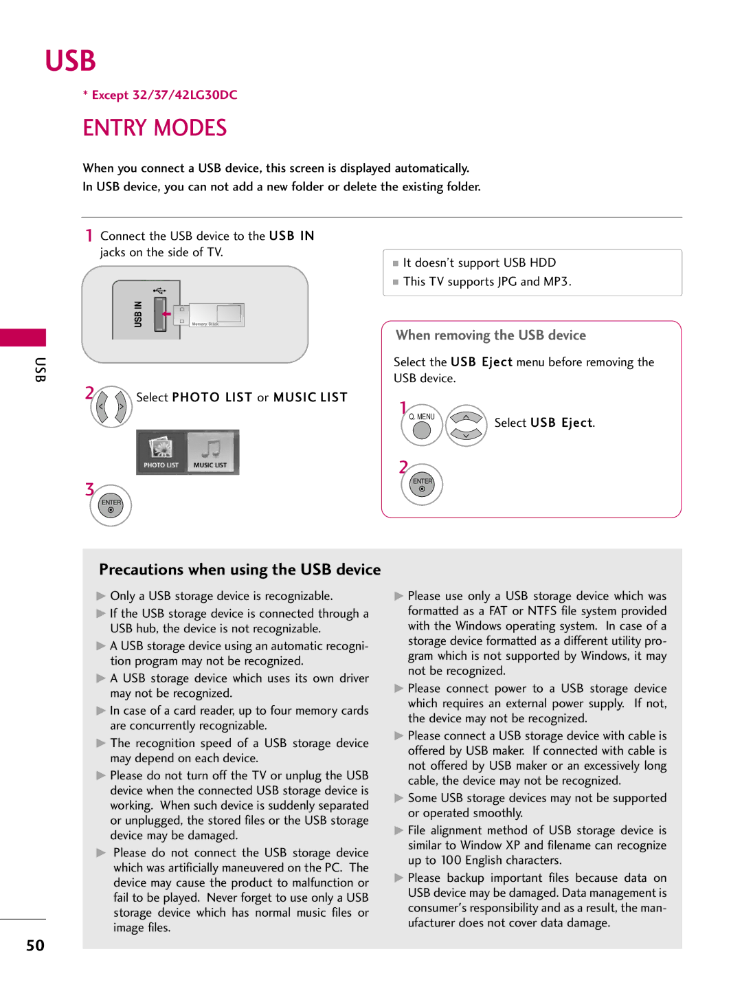 LG Electronics 5250DC, 4750DC owner manual Usb, Entry Modes 