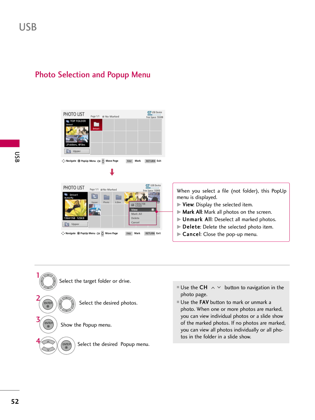 LG Electronics 5250DC, 4750DC owner manual Photo Selection and Popup Menu, Select the desired photos, Show the Popup menu 