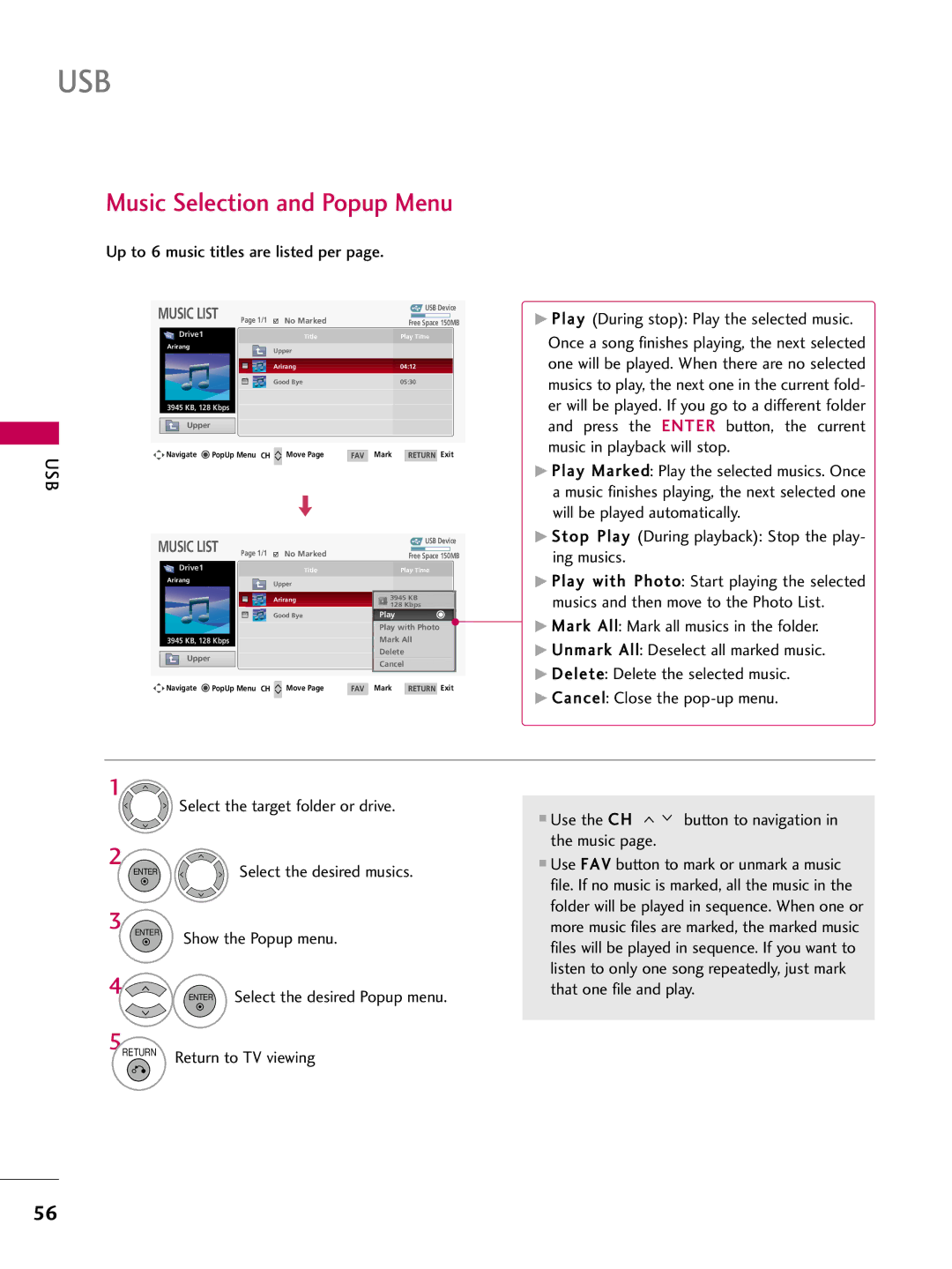 LG Electronics 5250DC Music Selection and Popup Menu, Up to 6 music titles are listed per, Select the desired musics 