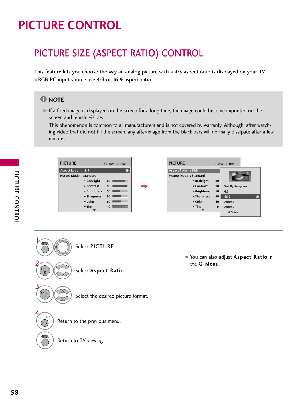 LG Electronics 5250DC, 4750DC owner manual Picture Control, Picture Size Aspect Ratio Control 