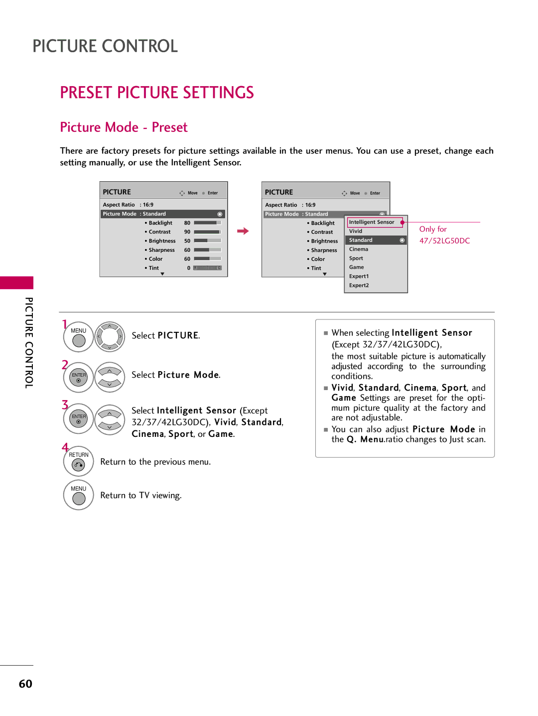 LG Electronics 5250DC, 4750DC owner manual Preset Picture Settings, Picture Mode Preset 