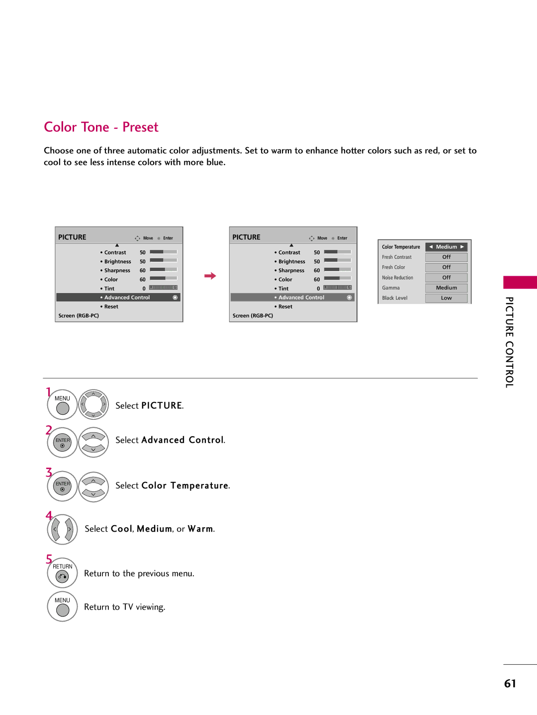 LG Electronics 4750DC, 5250DC owner manual Color Tone Preset, Select Picture 