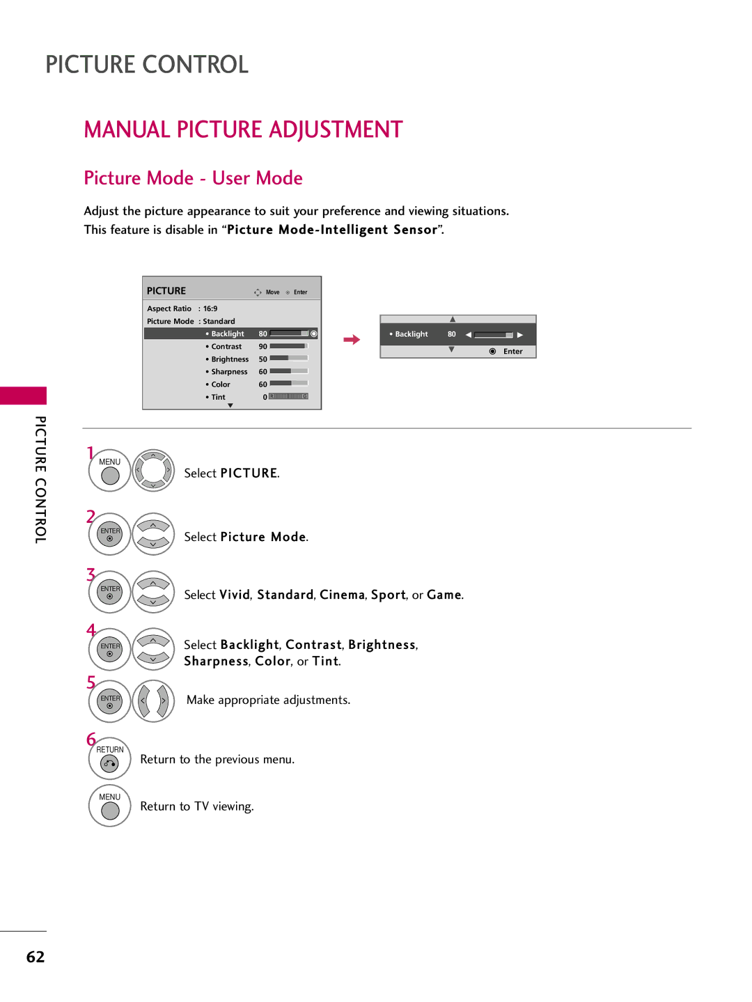 LG Electronics 5250DC, 4750DC owner manual Manual Picture Adjustment, Picture Mode User Mode 