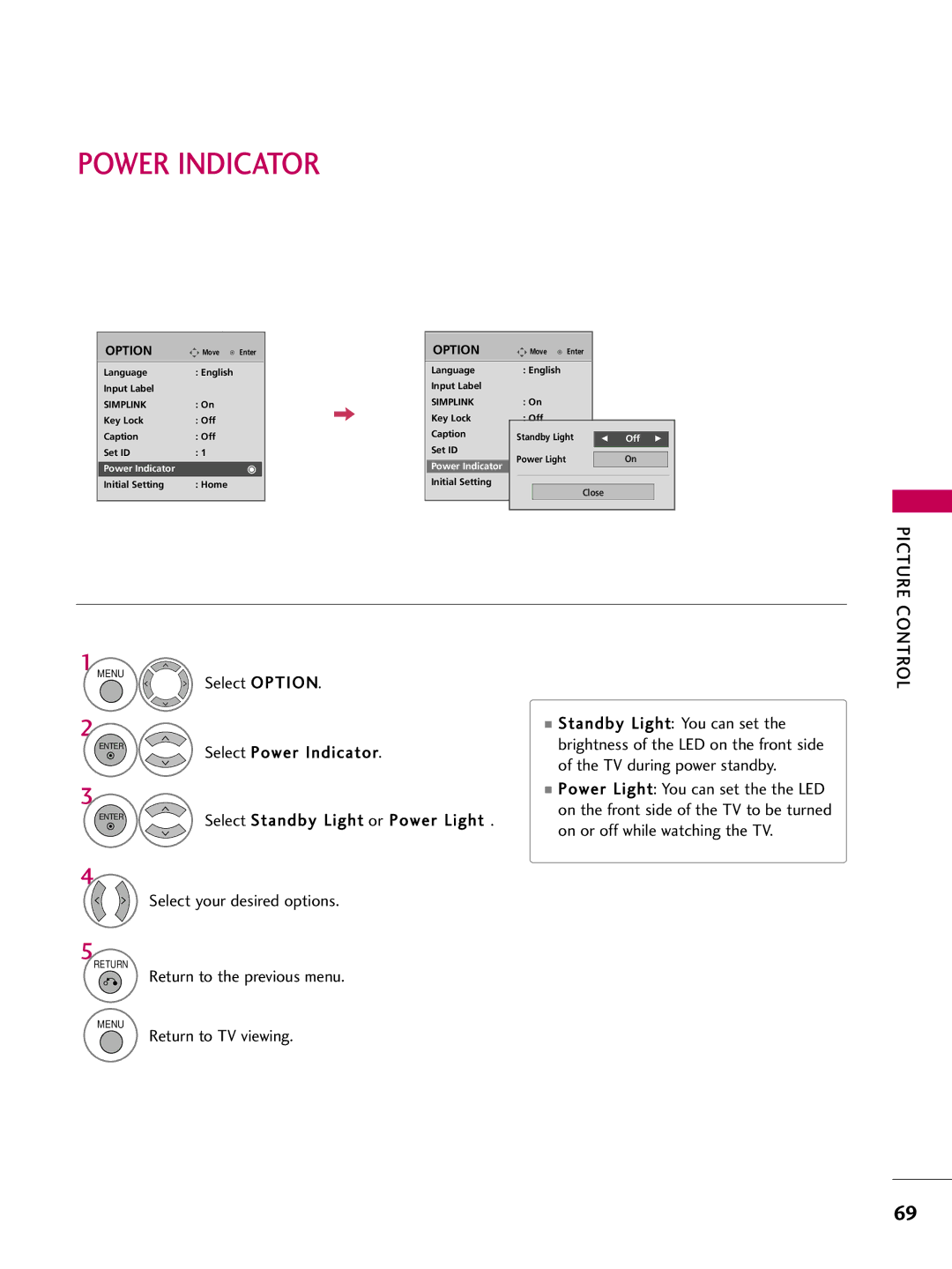 LG Electronics 4750DC, 5250DC owner manual Select Power Indicator, Select Standby Light or Power Light 