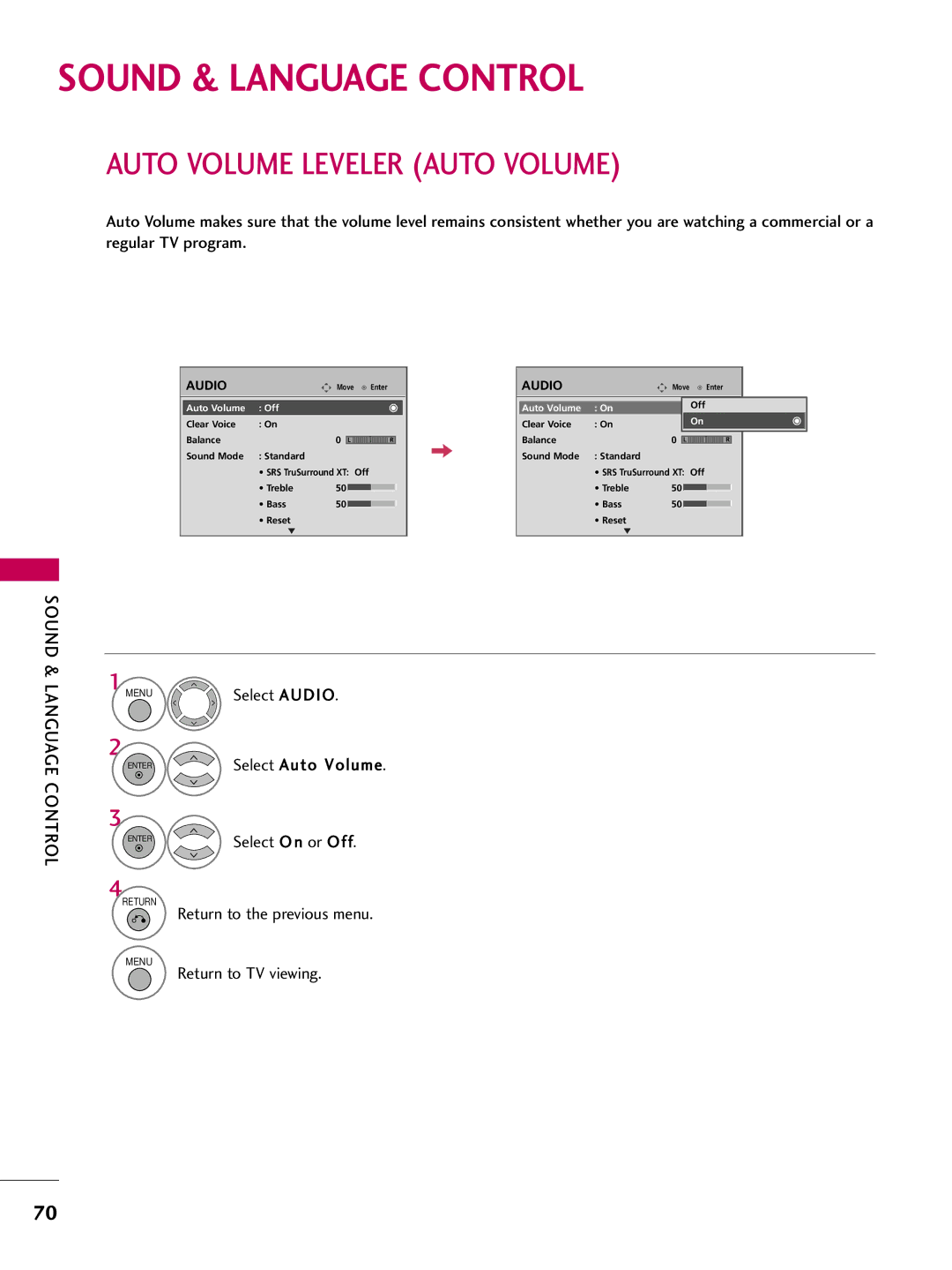 LG Electronics 5250DC, 4750DC Sound & Language Control, Auto Volume Leveler Auto Volume, Select Audio, Select Auto Volume 