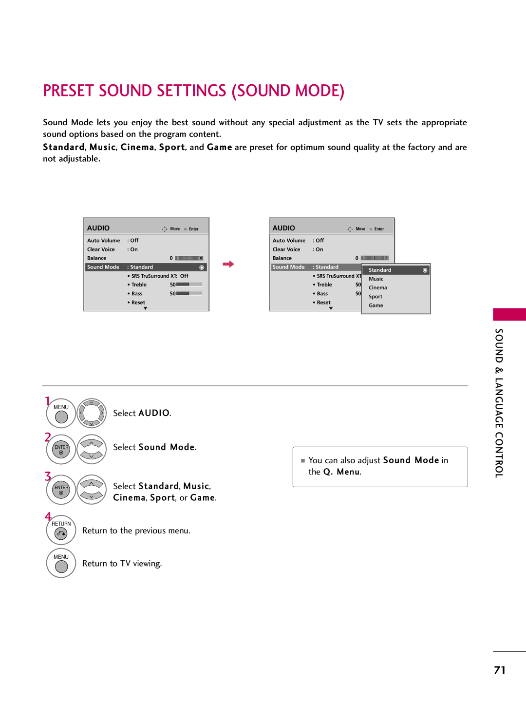 LG Electronics 4750DC, 5250DC owner manual Preset Sound Settings Sound Mode, Select Sound Mode, Select Standard, Music 