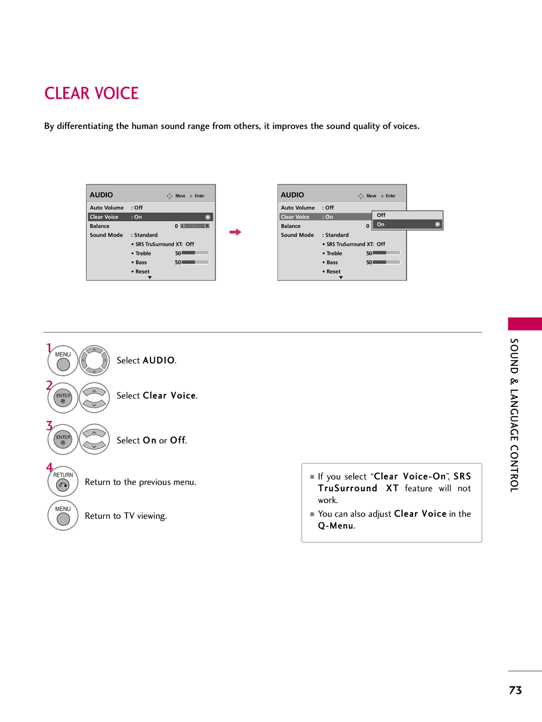 LG Electronics 4750DC, 5250DC owner manual Clear Voice, Sound, Language Control 