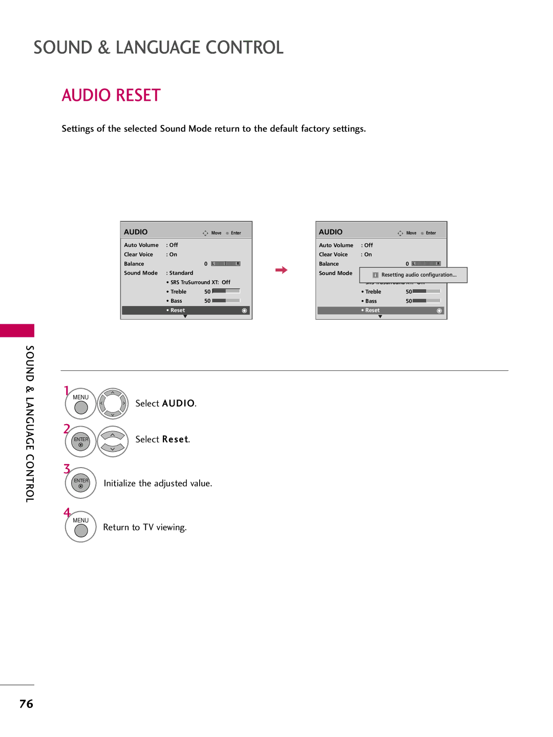 LG Electronics 5250DC, 4750DC owner manual Audio Reset, Sound & Language Control 