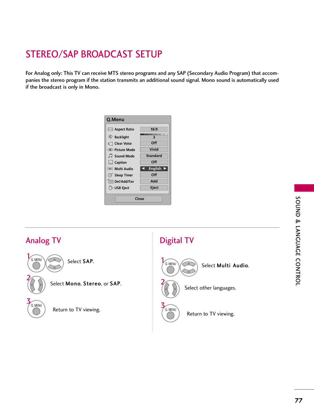 LG Electronics 4750DC, 5250DC owner manual STEREO/SAP Broadcast Setup, Analog TV, Digital TV 