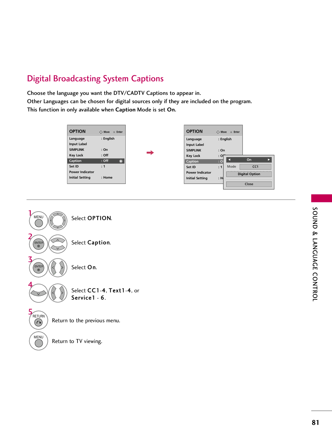 LG Electronics 4750DC, 5250DC owner manual Digital Broadcasting System Captions, Select CC1-4, Text1-4, or Service1 