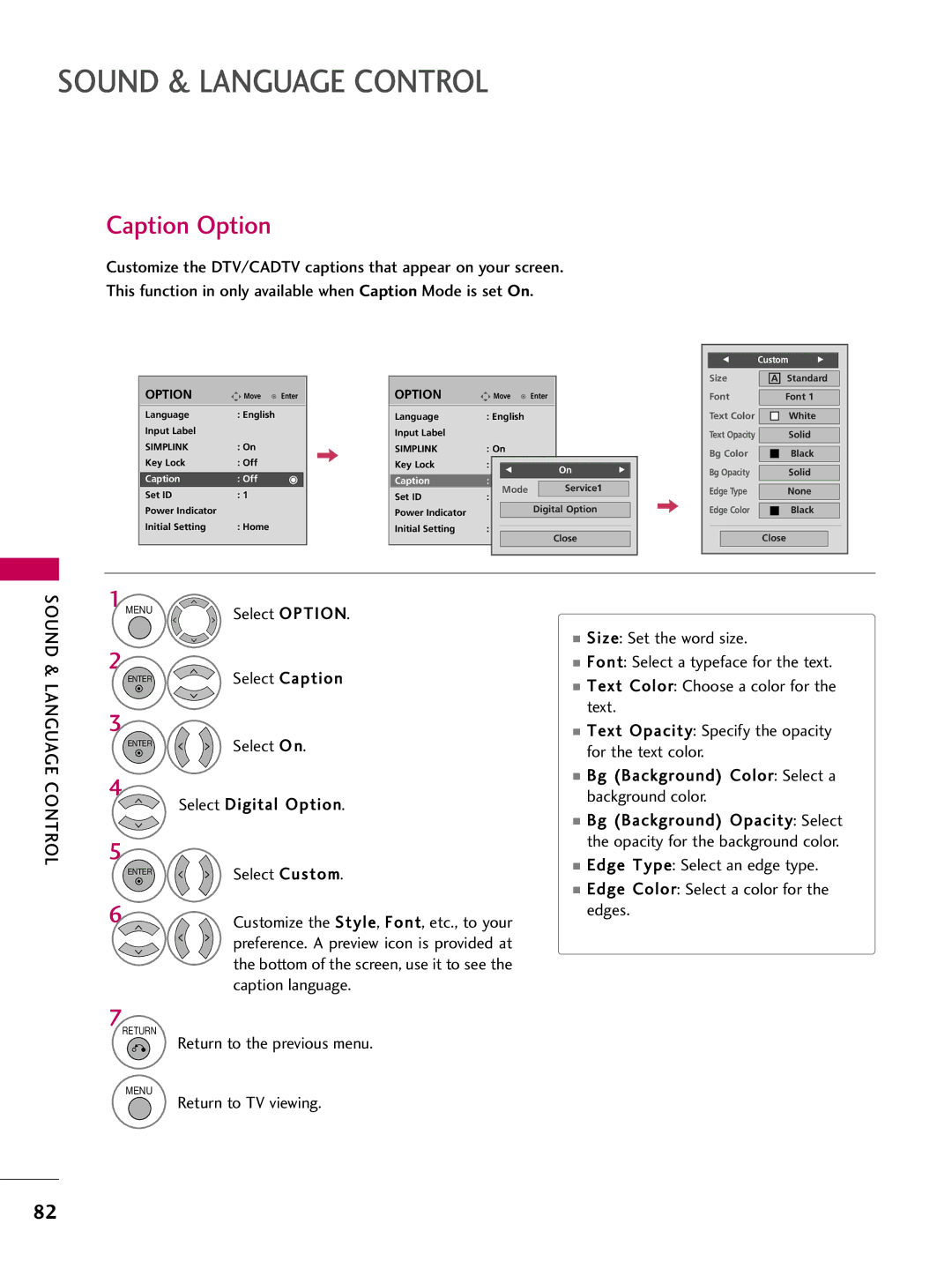 LG Electronics 5250DC, 4750DC owner manual Caption Option, Size Set the word size 