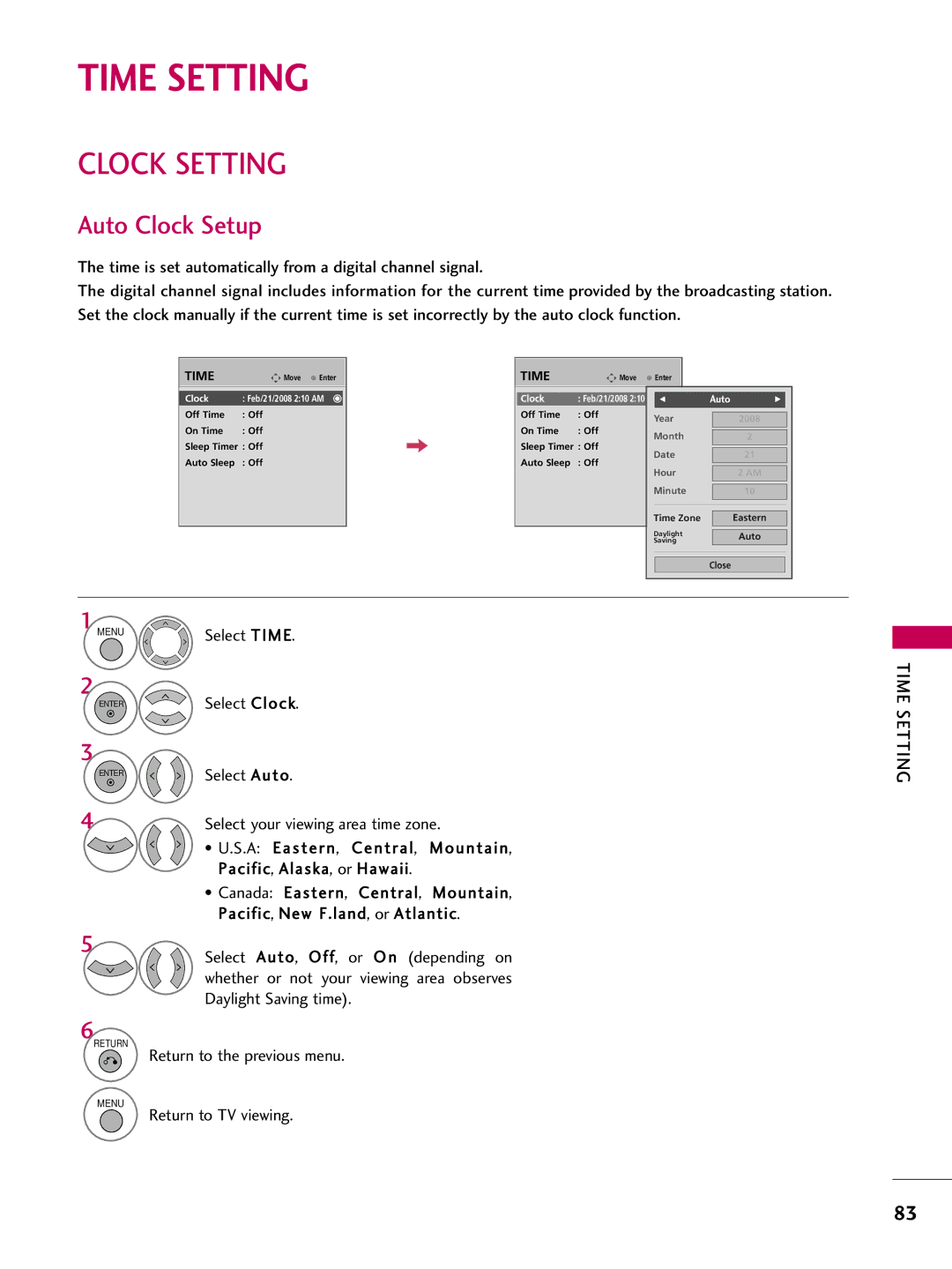 LG Electronics 4750DC, 5250DC owner manual Time Setting, Clock Setting, Auto Clock Setup 