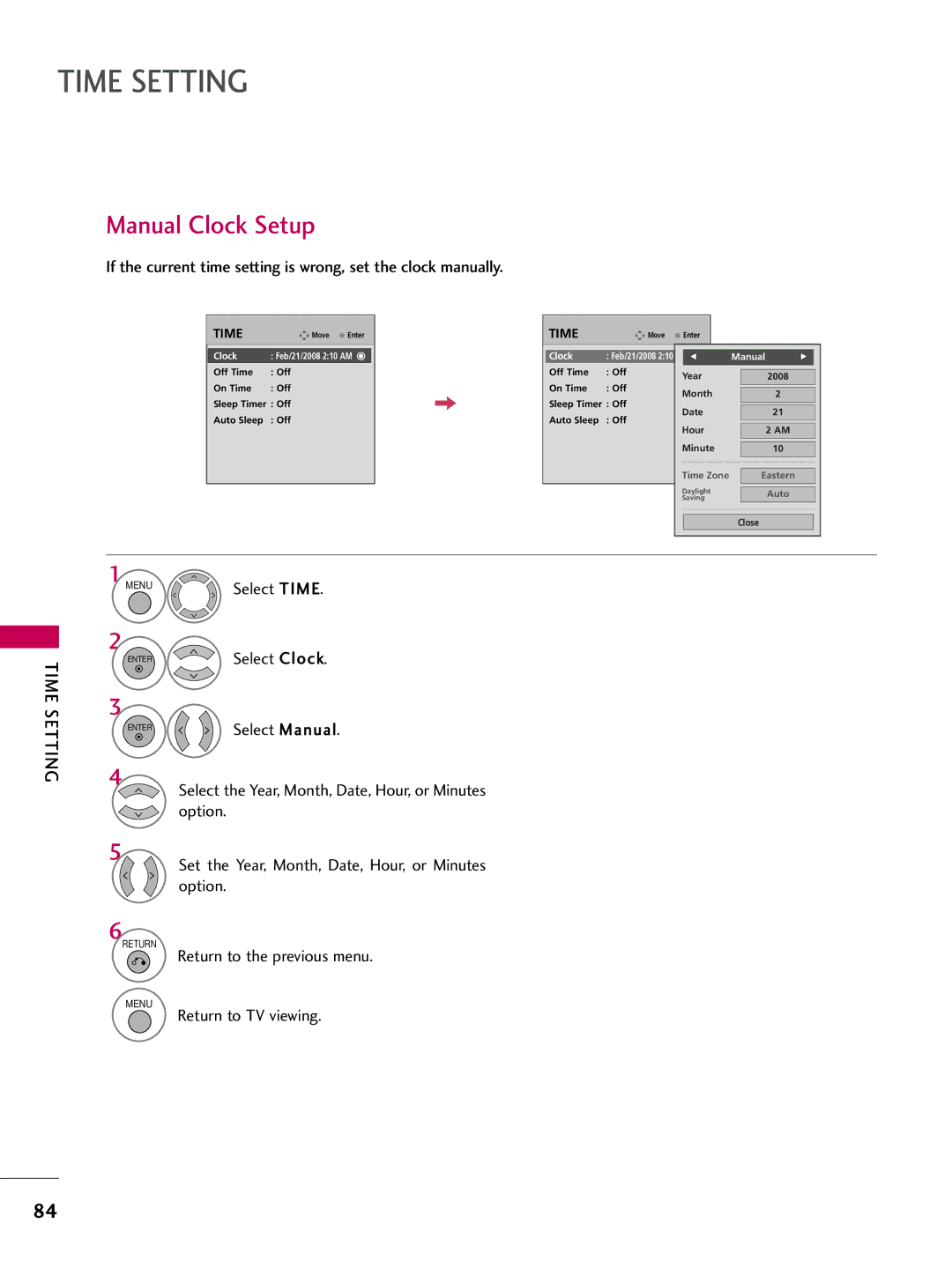 LG Electronics 5250DC, 4750DC owner manual Manual Clock Setup, If the current time setting is wrong, set the clock manually 