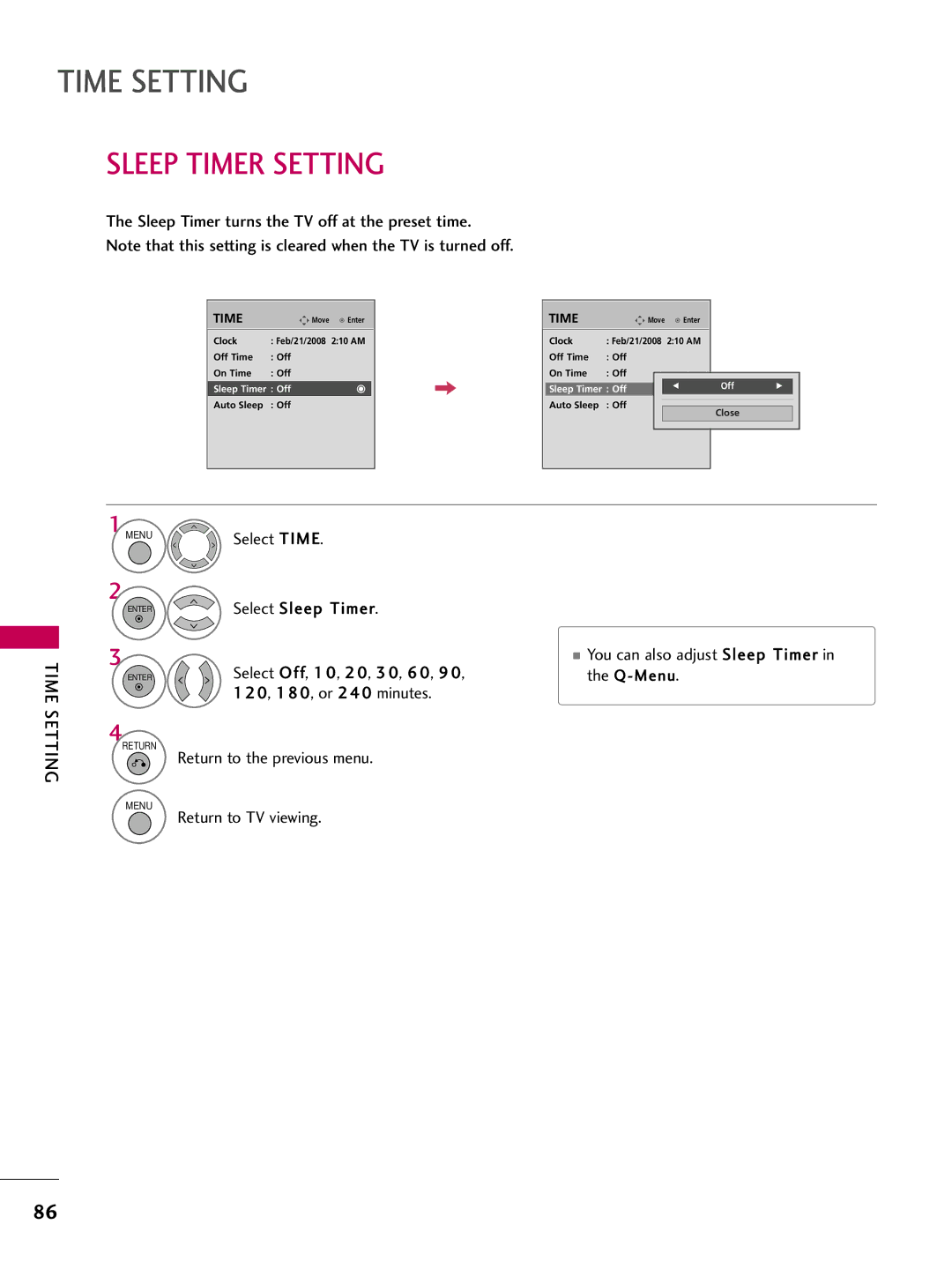 LG Electronics 5250DC, 4750DC Sleep Timer Setting, Select Time Select Sleep Timer, Select Off, 1 0, 2 0, 3 0, 6 0, 9 