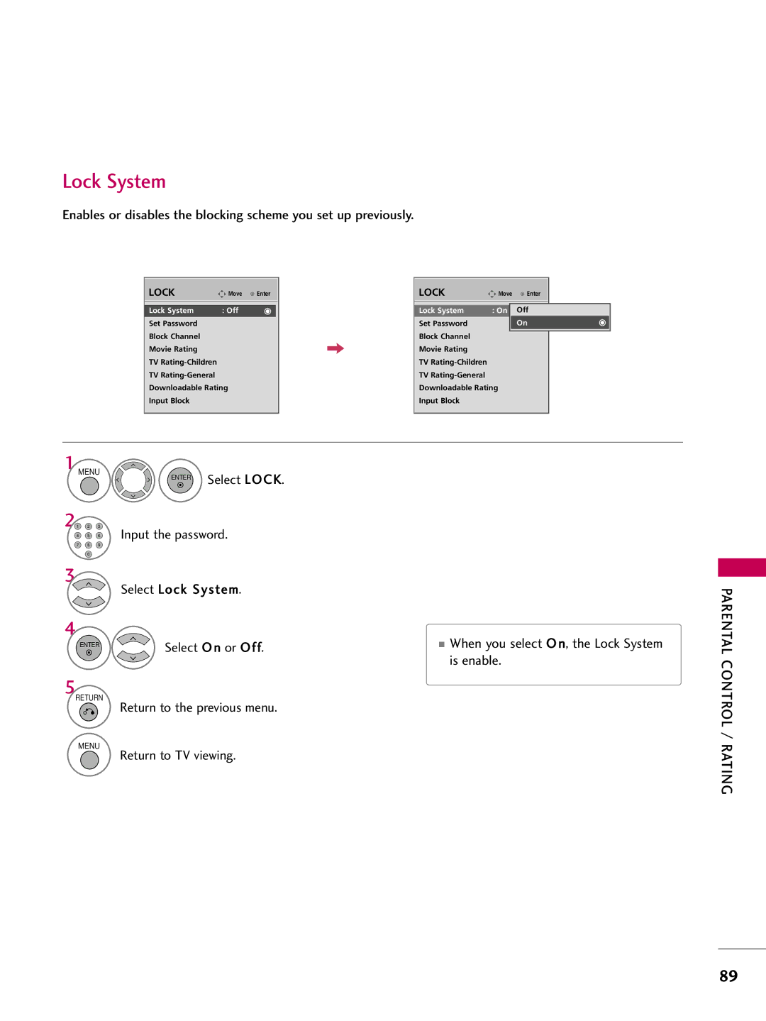 LG Electronics 4750DC, 5250DC owner manual Select Lock System, Is enable, Parental Control / Rating 