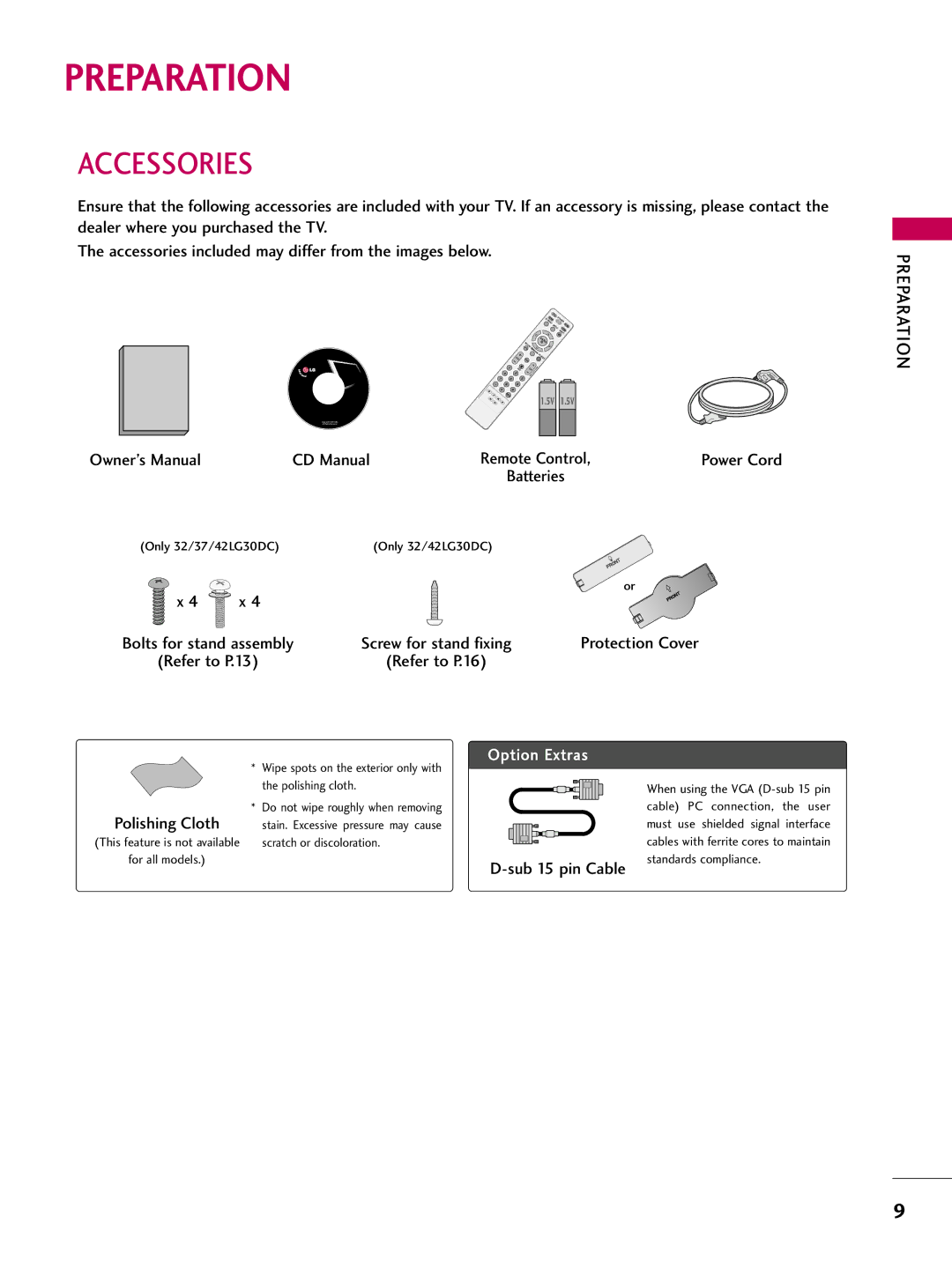 LG Electronics 4750DC, 5250DC owner manual Preparation, Accessories, Polishing Cloth, Sub 15 pin Cable 