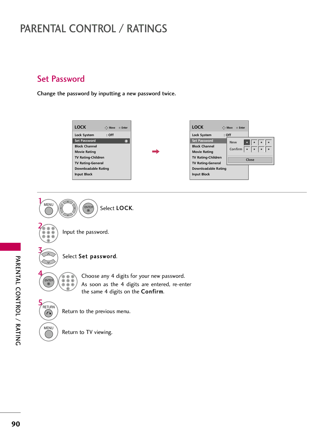 LG Electronics 5250DC, 4750DC Set Password, Change the password by inputting a new password twice, Select Set password 