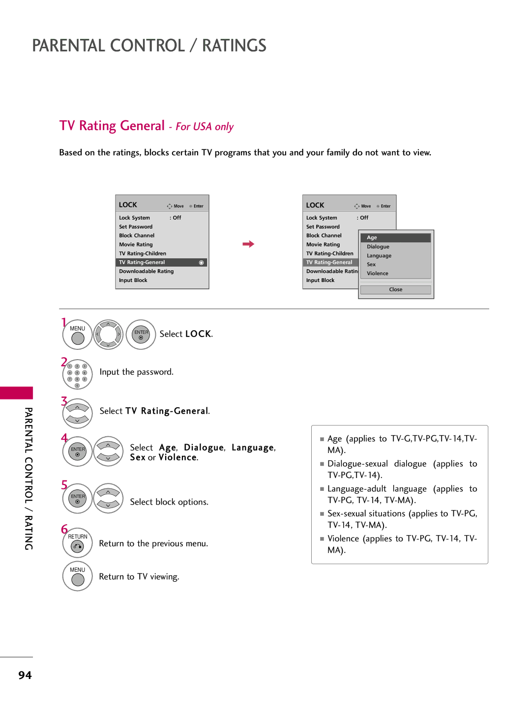 LG Electronics 5250DC, 4750DC owner manual TV Rating General For USA only 