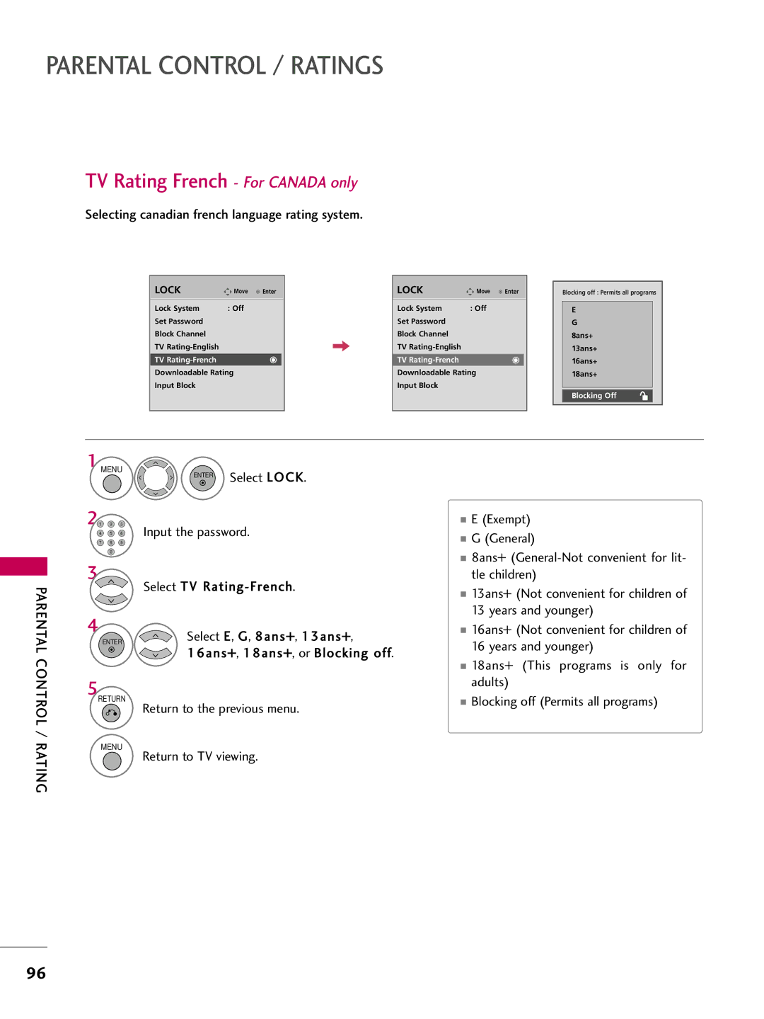 LG Electronics 5250DC, 4750DC TV Rating French For Canada only, Selecting canadian french language rating system 