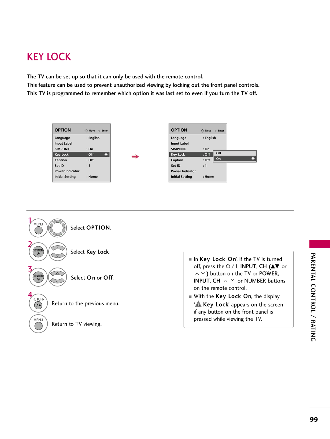 LG Electronics 4750DC, 5250DC owner manual KEY Lock, Select Option 