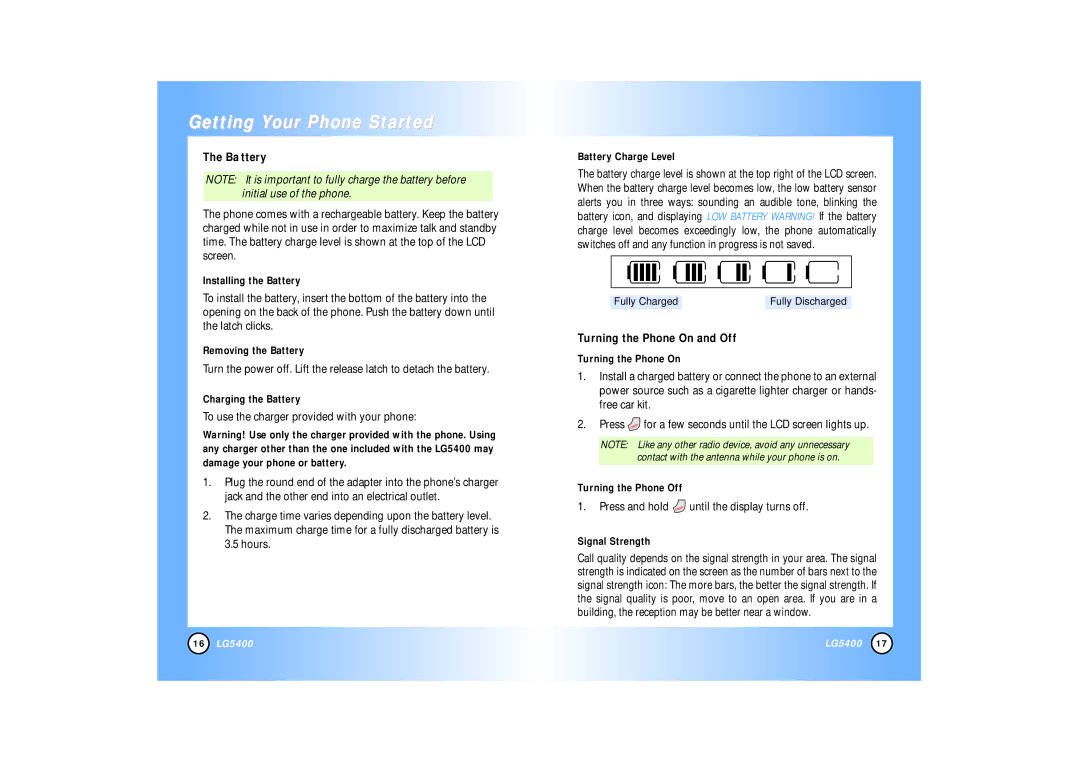LG Electronics 5400 manual Battery, Turning the Phone On and Off 