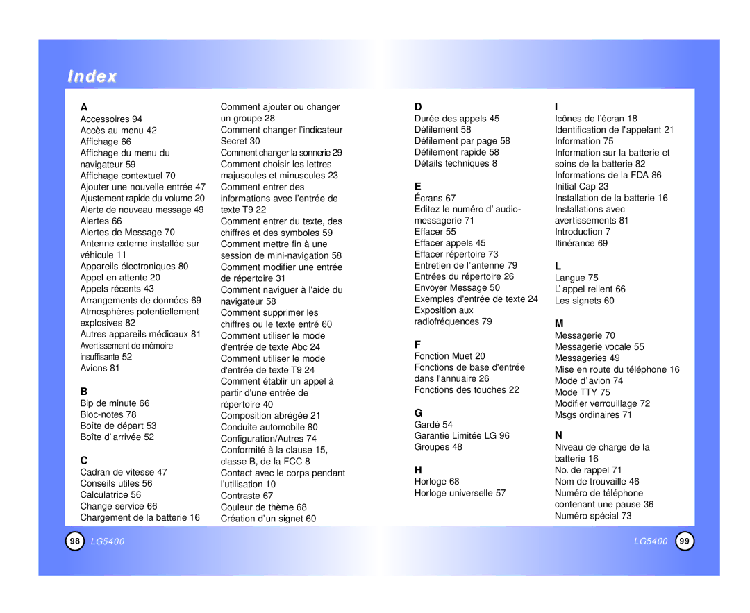 LG Electronics 5400 manual Index 