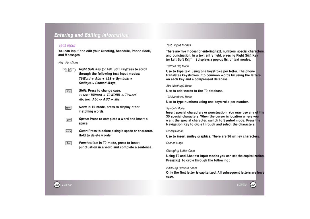 LG Electronics 5400 manual Text Input 