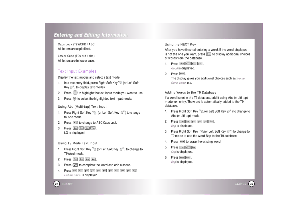 LG Electronics 5400 Text Input Examples, Using Abc Multi-tap Text Input, Using T9 Mode Text Input, Using the Next Key 