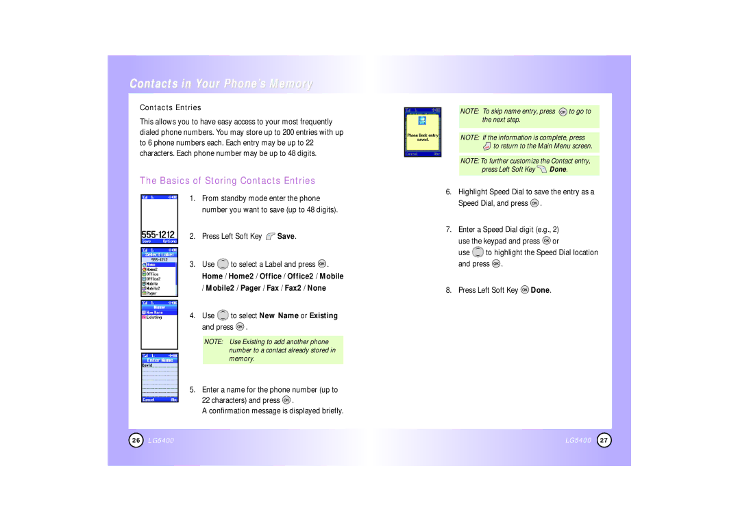 LG Electronics 5400 manual Basics of Storing Contacts Entries, Mobile2 / Pager / Fax / Fax2 / None 