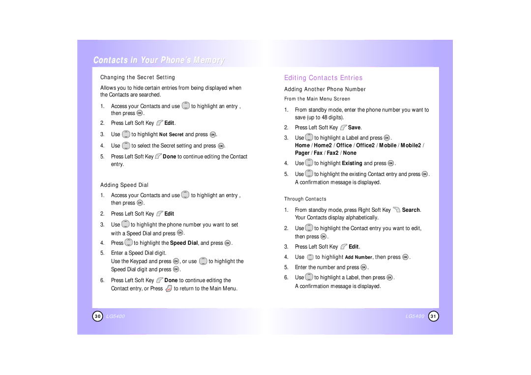 LG Electronics 5400 Editing Contacts Entries, Changing the Secret Setting, Adding Speed Dial, Adding Another Phone Number 