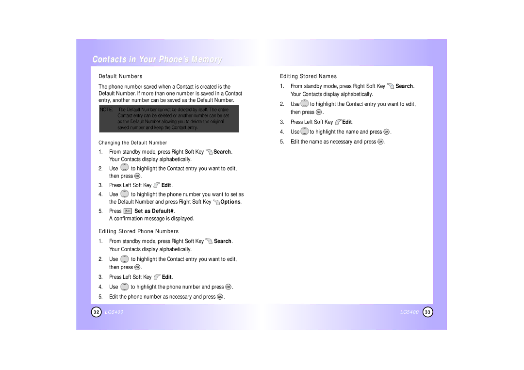 LG Electronics 5400 manual Default Numbers, Press Set as Default#, Editing Stored Phone Numbers, Editing Stored Names 
