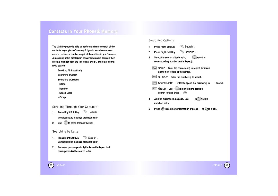 LG Electronics 5400 Searching Your Phone’s Memory, Scrolling Through Your Contacts, Searching by Letter, Searching Options 