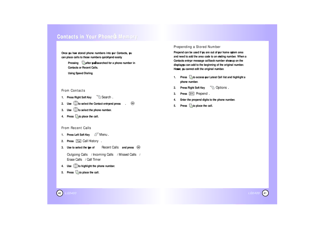 LG Electronics 5400 manual Making a Call From Your Phone’s Memory 