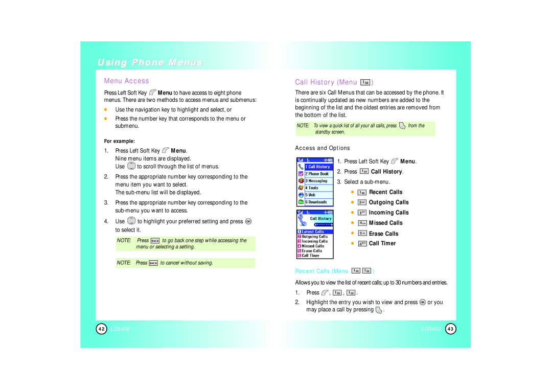 LG Electronics 5400 manual Using Phone Menus, Menu Access, Call History Menu, Recent Calls Menu 