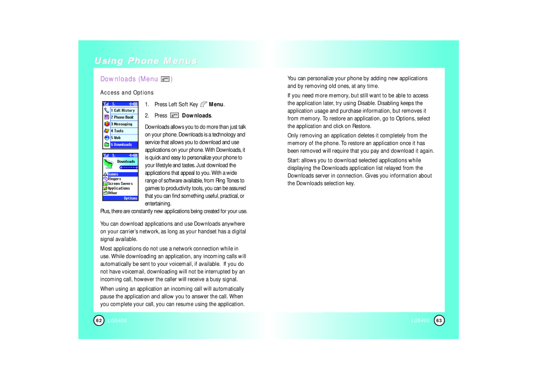 LG Electronics 5400 manual Downloads Menu, Press Downloads 