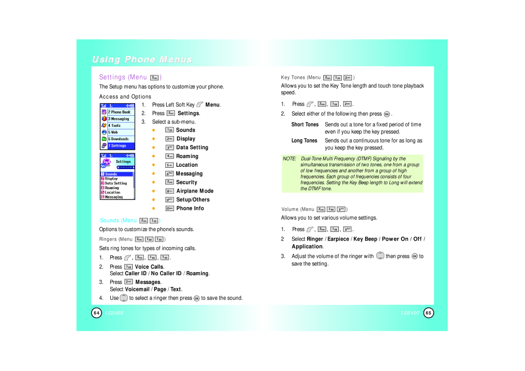 LG Electronics 5400 manual Settings Menu, Press Settings, Sounds Menu 